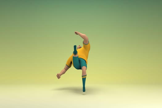 An athlete wearing a yellow shirt and green pants. He is falling down. 3d rendering of cartoon character in acting.