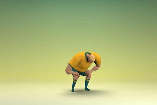 An athlete wearing a yellow shirt and green pants. He is sad or in pain. 3d rendering of cartoon character in acting.