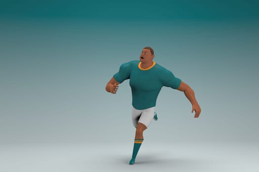 An athlete wearing a green shirt and white pants is runing. 3d rendering of cartoon character in acting.