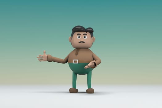 The man  with mustache wearing a brown long shirt green pants.  He is expression  of body and hand when talking.  3d illustrator of cartoon character in acting.
