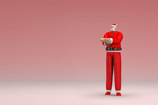 A man wearing Santa Claus costume. He is expression of hand when talking. 3d rendering of cartoon character in acting.