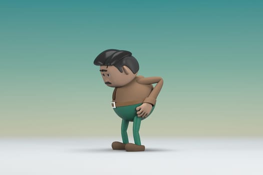 The man  with mustache wearing a brown long sleeve shirt green pants.  He is sad or in pain. 3d illustrator of cartoon character in acting.