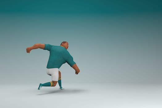 An athlete wearing a green shirt and white pants is runing. 3d rendering of cartoon character in acting.