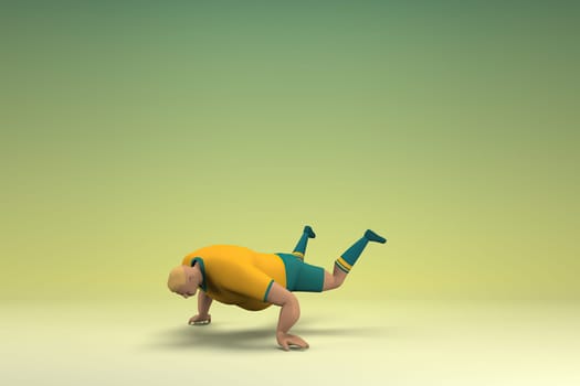An athlete wearing a yellow shirt and green pants. He is doing exercise. 3d rendering of cartoon character in acting.