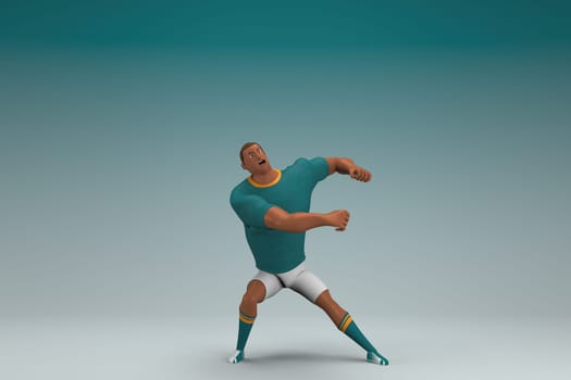 An athlete wearing a green shirt and white pants. He is pulling or pushing something. 3d rendering of cartoon character in acting.