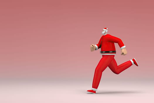 A man wearing Santa Claus costume is running. 3d rendering of cartoon character in acting.