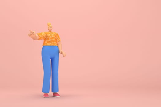 The woman with golden hair tied in a bun wearing blue corduroy pants andOrange T-shirt with white stripes.  She is expression  of hand when talking. 3d illustrator of cartoon character in acting.