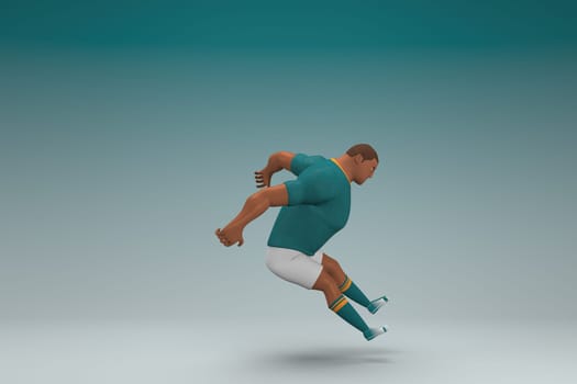An athlete wearing a green shirt and white pants is jumping. 3d rendering of cartoon character in acting.