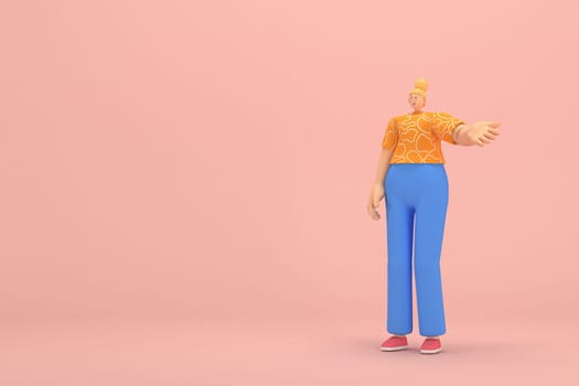 The woman with golden hair tied in a bun wearing blue corduroy pants and Orange T-shirt with white stripes.  She is expression  of hand when talking. 3d rendering of cartoon character in acting.