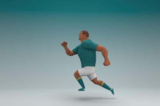An athlete wearing a green shirt and white pants is runing. 3d rendering of cartoon character in acting.