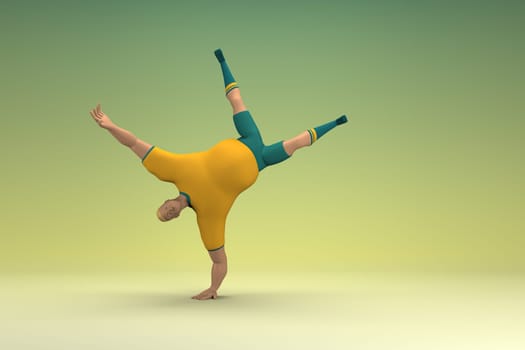 An athlete wearing a yellow shirt and green pants. He is doing exercise. 3d rendering of cartoon character in acting.