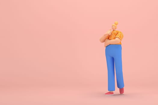 The woman with golden hair tied in a bun wearing blue corduroy pants and Orange T-shirt with white stripes.  She is expression  of hand when talking. 3d rendering of cartoon character in acting.