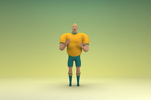 An athlete wearing a yellow shirt and green pants is expression of hand when talking. 3d rendering of cartoon character in acting.