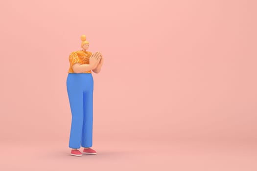 The woman with golden hair tied in a bun wearing blue corduroy pants andOrange T-shirt with white stripes.  She is expression  of hand when talking. 3d illustrator of cartoon character in acting.