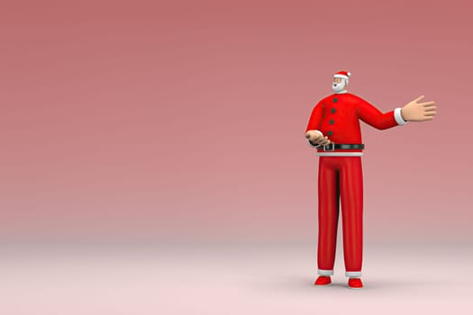 A man wearing Santa Claus costume. He is expression of hand when talking. 3d rendering of cartoon character in acting.