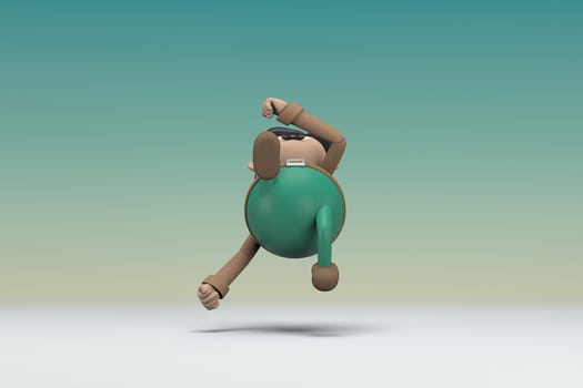 The man  with mustache wearing a brown long shirt green pants. He is falling down. 3d illustrator of cartoon character in acting.