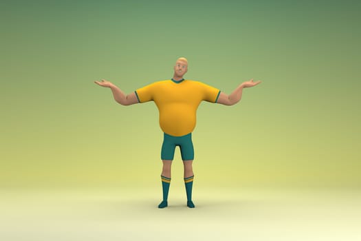 An athlete wearing a yellow shirt and green pants is expression of hand when talking. 3d rendering of cartoon character in acting.