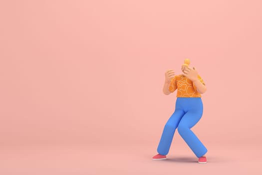 The woman with golden hair tied in a bun wearing blue corduroy pants and Orange T-shirt with white stripes.  She is expression  of hand when talking. 3d rendering of cartoon character in acting.