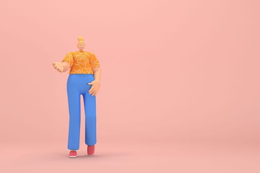 The woman with golden hair tied in a bun wearing blue corduroy pants and Orange T-shirt with white stripes.  She is expression  of hand when talking. 3d rendering of cartoon character in acting.