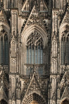Vertical shot of the facade of the Cologne Cathedral with decoration and ornaments, Cologne, Germany