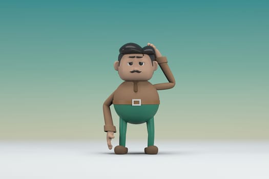 The man  with mustache wearing a brown long sleeve shirt green pants.  He is expression  of body and hand when talking.  3d illustrator of cartoon character in acting.
