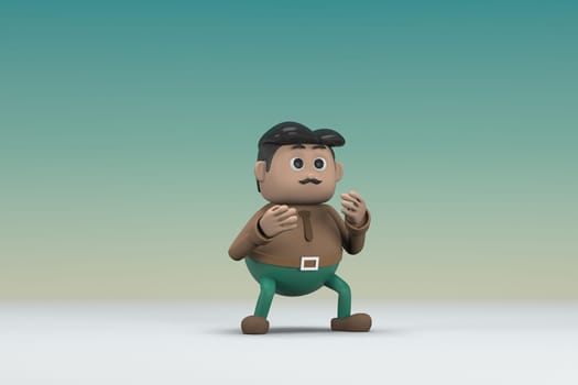 The man  with mustache wearing a brown long shirt green pants.  He is expression  of body and hand when talking.  3d illustrator of cartoon character in acting.