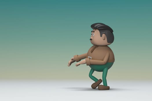 The man  with mustache wearing a brown long shirt green pants.  He is expression  of body and hand when talking.  3d illustrator of cartoon character in acting.