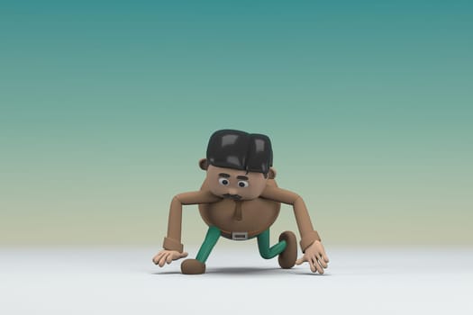 The man  with mustache wearing a brown long shirt green pants.  He is doing exercise. 3d illustrator of cartoon character in acting.