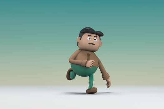 The man  with mustache wearing a brown long sleeve shirt green pants.  He is doing exercise. 3d illustrator of cartoon character in acting.