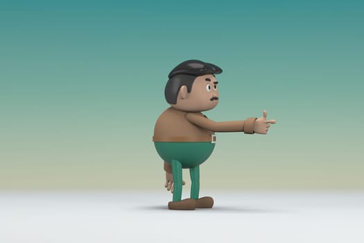 The man  with mustache wearing a brown long shirt green pants.  He is expression  of body and hand when talking.  3d illustrator of cartoon character in acting.