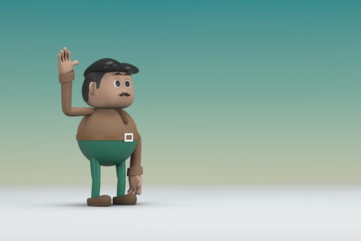 The man  with mustache wearing a brown long sleeve shirt green pants.  He is expression  of body and hand when talking.  3d illustrator of cartoon character in acting.