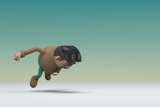The man  with mustache wearing a brown long shirt green pants. He is falling down. 3d illustrator of cartoon character in acting.