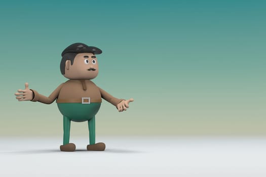 The man  with mustache wearing a brown long shirt green pants.  He is expression  of body and hand when talking.  3d illustrator of cartoon character in acting.