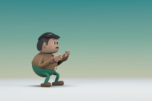 The man  with mustache wearing a brown long shirt green pants.  He is expression  of body and hand when talking.  3d illustrator of cartoon character in acting.