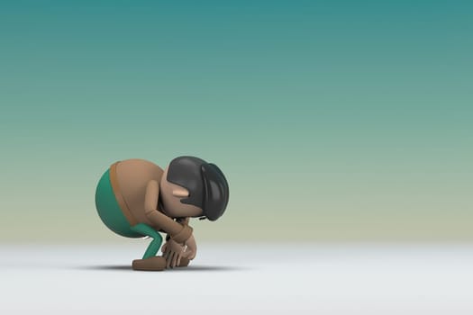 The man  with mustache wearing a brown long sleeve shirt green pants.  He is sad or in pain. 3d illustrator of cartoon character in acting.
