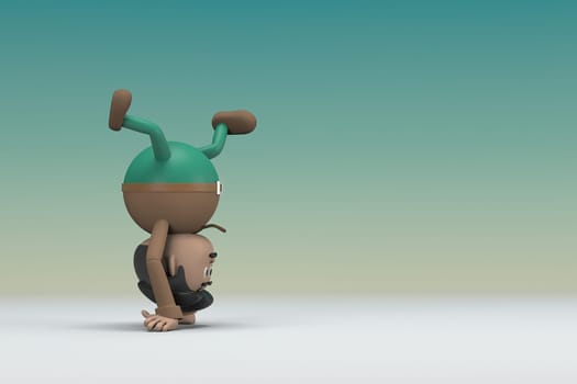 The man  with mustache wearing a brown long shirt green pants.  He is doing exercise. 3d illustrator of cartoon character in acting.