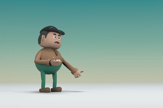 The man  with mustache wearing a brown long shirt green pants.  He is expression  of body and hand when talking.  3d illustrator of cartoon character in acting.