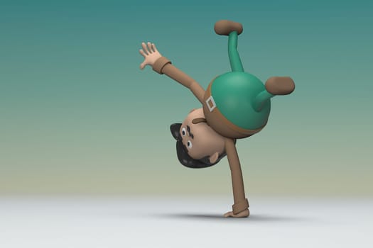 The man  with mustache wearing a brown long sleeve shirt green pants.  He is doing exercise. 3d illustrator of cartoon character in acting.