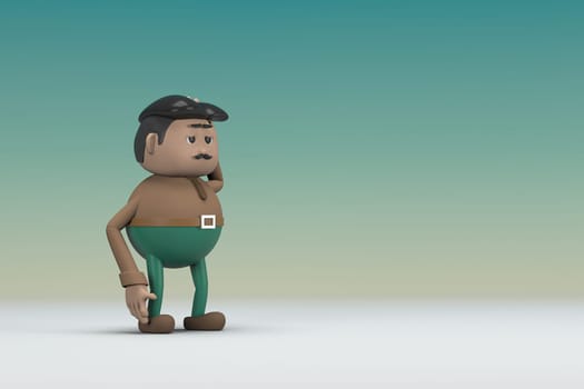 The man  with mustache wearing a brown long sleeve shirt green pants.  He is expression  of body and hand when talking.  3d illustrator of cartoon character in acting.
