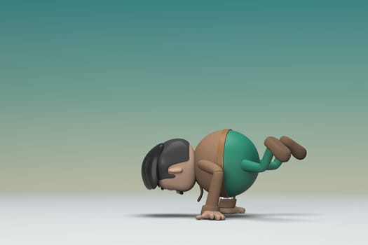 The man  with mustache wearing a brown long sleeve shirt green pants.  He is doing exercise. 3d illustrator of cartoon character in acting.