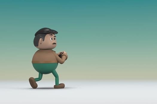 The man  with mustache wearing a brown long sleeve shirt green pants.  He is pulling or pushing something. 3d illustrator of cartoon character in acting.