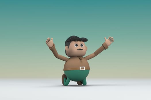 The man  with mustache wearing a brown long shirt green pants.  He is kneel rejoicing.  3d illustrator of cartoon character in acting.