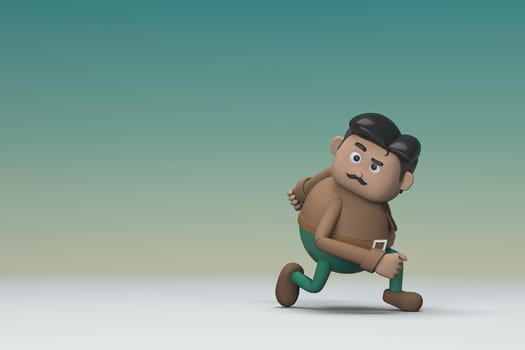 The man  with mustache wearing a brown long shirt green pants.  He is pulling or pushing something. 3d illustrator of cartoon character in acting.