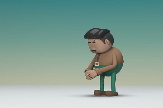 The man  with mustache wearing a brown long sleeve shirt green pants.  He is expression  of body and hand when talking.  3d illustrator of cartoon character in acting.