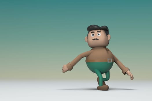 The man  with mustache wearing a brown long shirt green pants.  He is pulling or pushing something. 3d illustrator of cartoon character in acting.