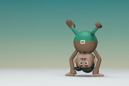 The man  with mustache wearing a brown long sleeve shirt green pants.  He is doing exercise. 3d illustrator of cartoon character in acting.