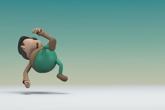 The man  with mustache wearing a brown long shirt green pants. He is falling down. 3d illustrator of cartoon character in acting.