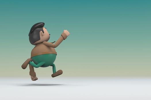 The man  with mustache wearing a brown long shirt green pants. He is jumping. 3d illustrator of cartoon character in acting.