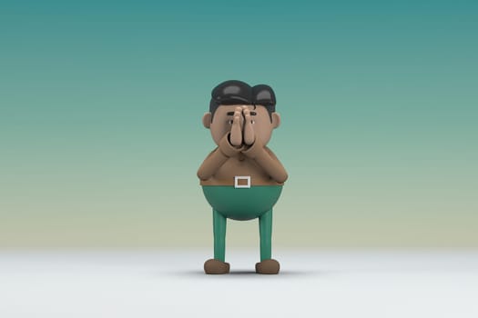 The man  with mustache wearing a brown long shirt green pants.  He is expression  of body and hand when talking.  3d illustrator of cartoon character in acting.