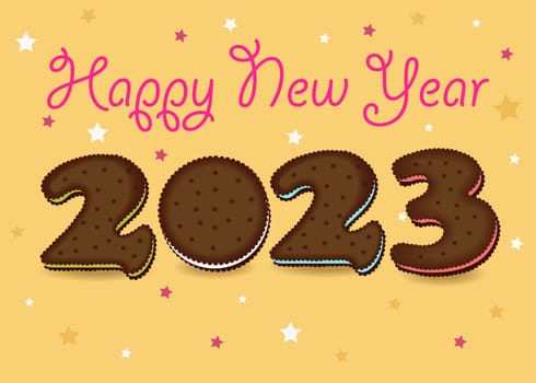 Cookies 2023. Artistic brown number as chocolate cookies with colorful cream. Yellow background with confetti. Pink cream greeting text -  Happy New Year